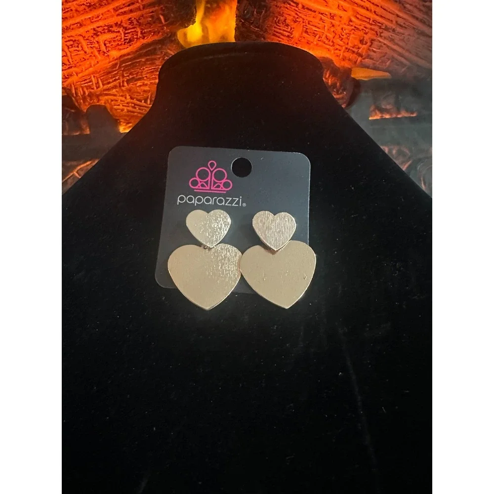 Paparazzi Gold Heart Earrings‎ Dangle Drop Double Layered Valentine's